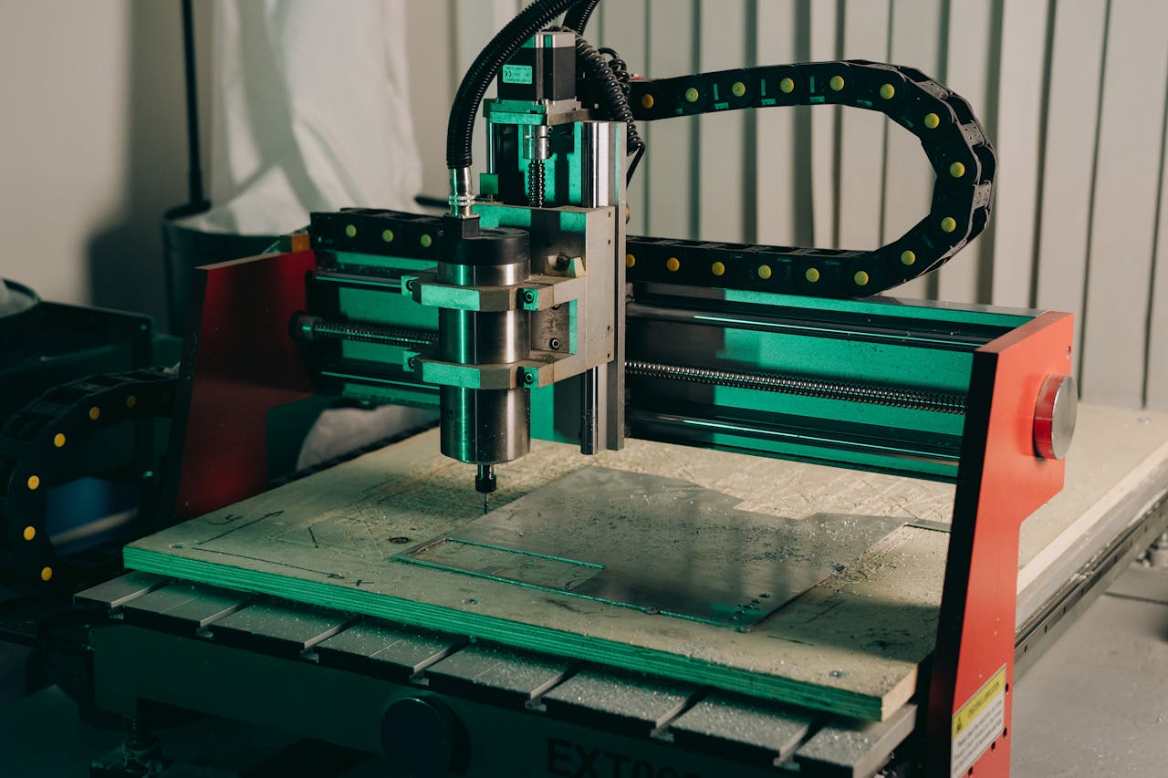 Close-up of a CNC machine in action in an industrial setting.